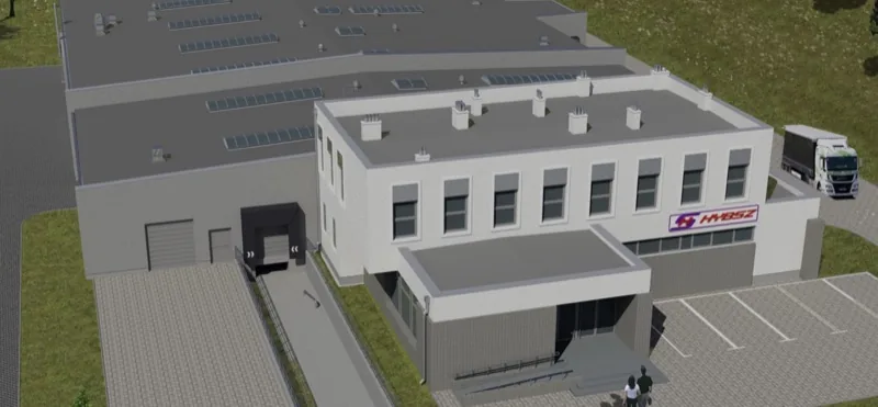 Wizualizacja nowego zakładu SH HYBSZ — wejście do biura, rampa rozładunkowa i plac manewrowy